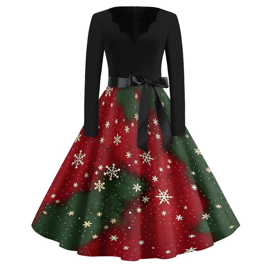 Women's Casual Christmas Print V Neck Vintage Dress for Holiday Party and Everyday Wear