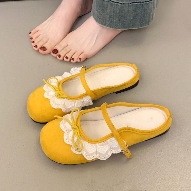 Fashion Comemore Summer New Women's Mary Jane Shoes Square Toe Flat Buckle Suede Lace Bowknot Gentle Sweet Mules Baotou Half Slippers