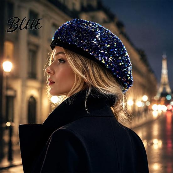 Classic Cap for Girls Women Sequined Beret Hat Sparkly Retro Artist Cap Stylish Versatile Outfit Accessory Adjustable Painter Street Party