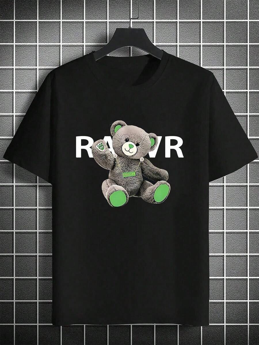 Unisexs Summer Casual TShirt with Bear and Letter Print L