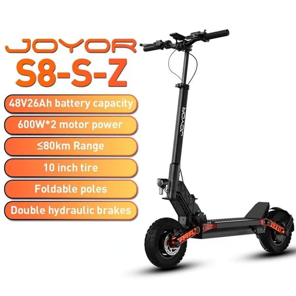 JOYOR S8-S-Z Electric Scooter - 600W*2 Motors 48V26AH Battery 75KM Range Disc Brakes - Black- NO ABE.