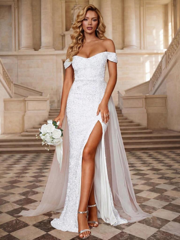 Abito da Sposa Bodycon a Sirena con Paillettes Monospalla con Spacco e Patchwork in Rete
