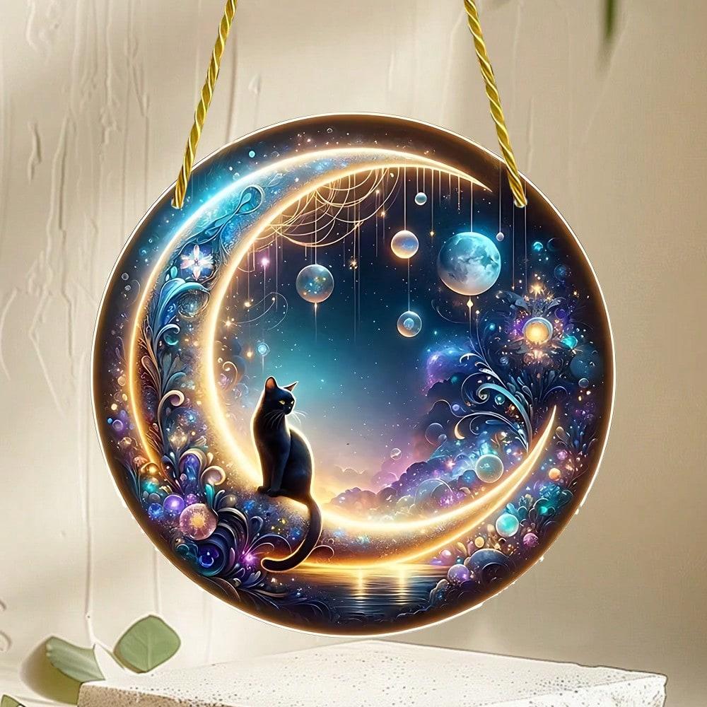 2D plochý akrylový lapač slunce s černou kočkou, měsíční barvení, závěs na okno, zahrada, dvůr, veranda, domov, nástěnná, pokojová dekorace