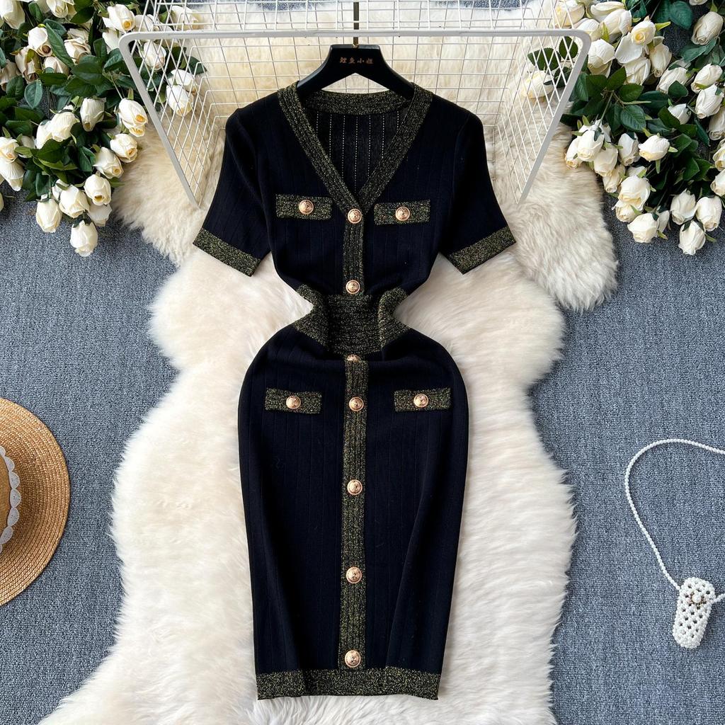 Vintage Chic pantalones cortos manga cuello pico botón tejido dulce vestido Vestidos moda coreana fiesta básica delgada verano elegante Vestidos de mujer