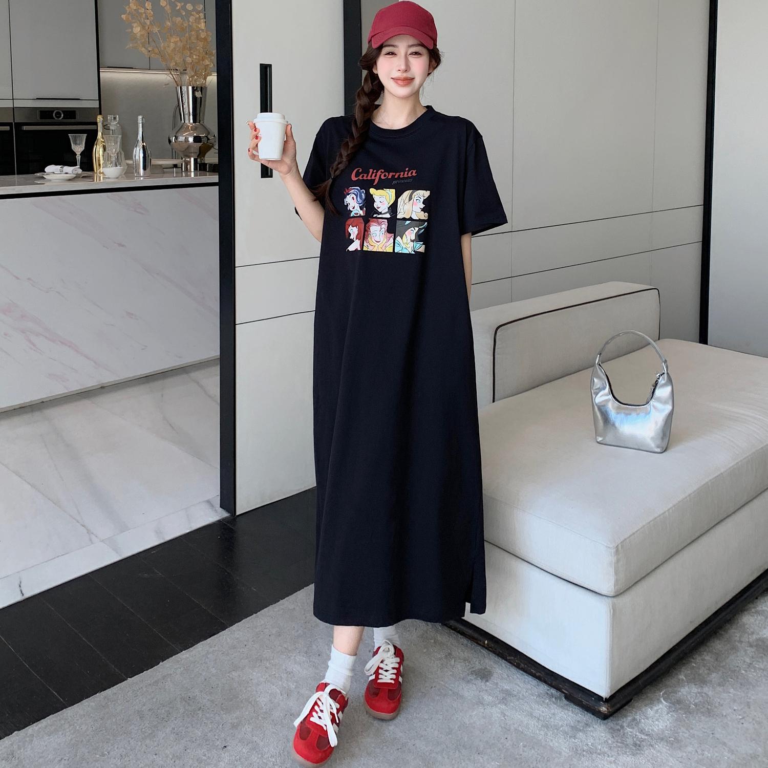 

Dimanaf 2025 Летнее платье больших размеров для женщин, повседневное, винтажное, длинное, свободное, базовое, с принтом мультфильмов, платье с коротким рукавом 4XL чёрный