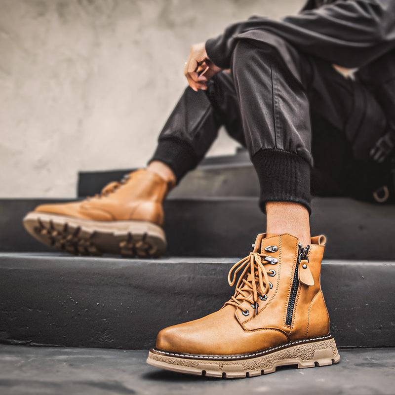 Men's Leather Boots Martin Boots Street Fashion Side Zipper Round Toe Short Boots Tooling Boots