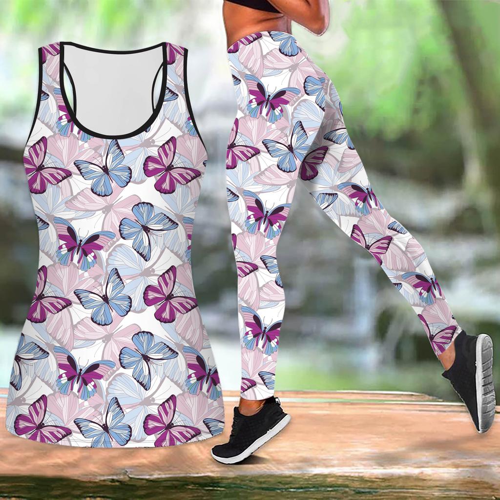 Pink Butterfly Print Yoga Outfit for Women Fashion Workout Leggings Fitness Sports Casual Yoga Set Sports Suit