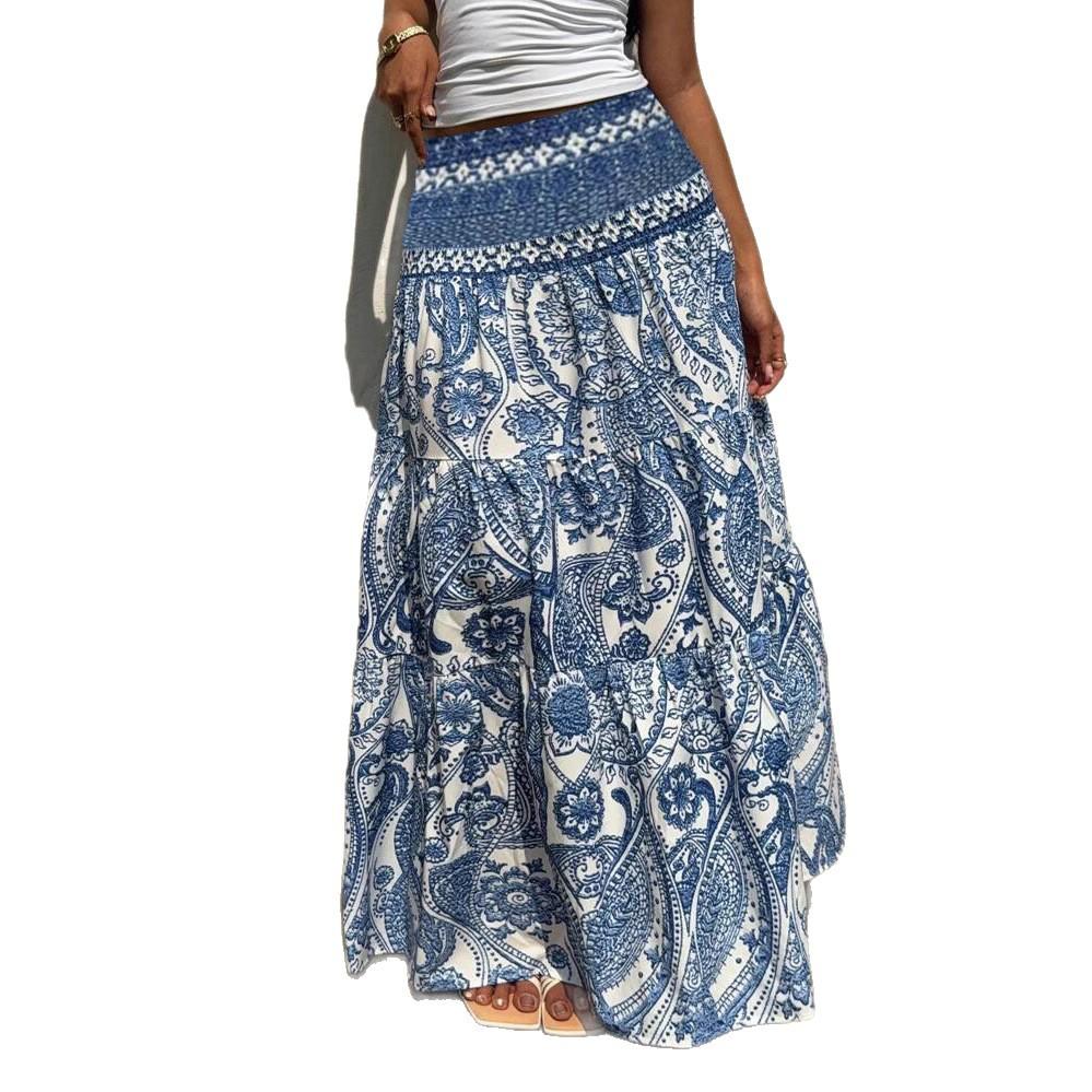 Women High Waisted Paisley Print Maxi Skirt Elastic Waist Bohemian Long Skirt for Women S синий