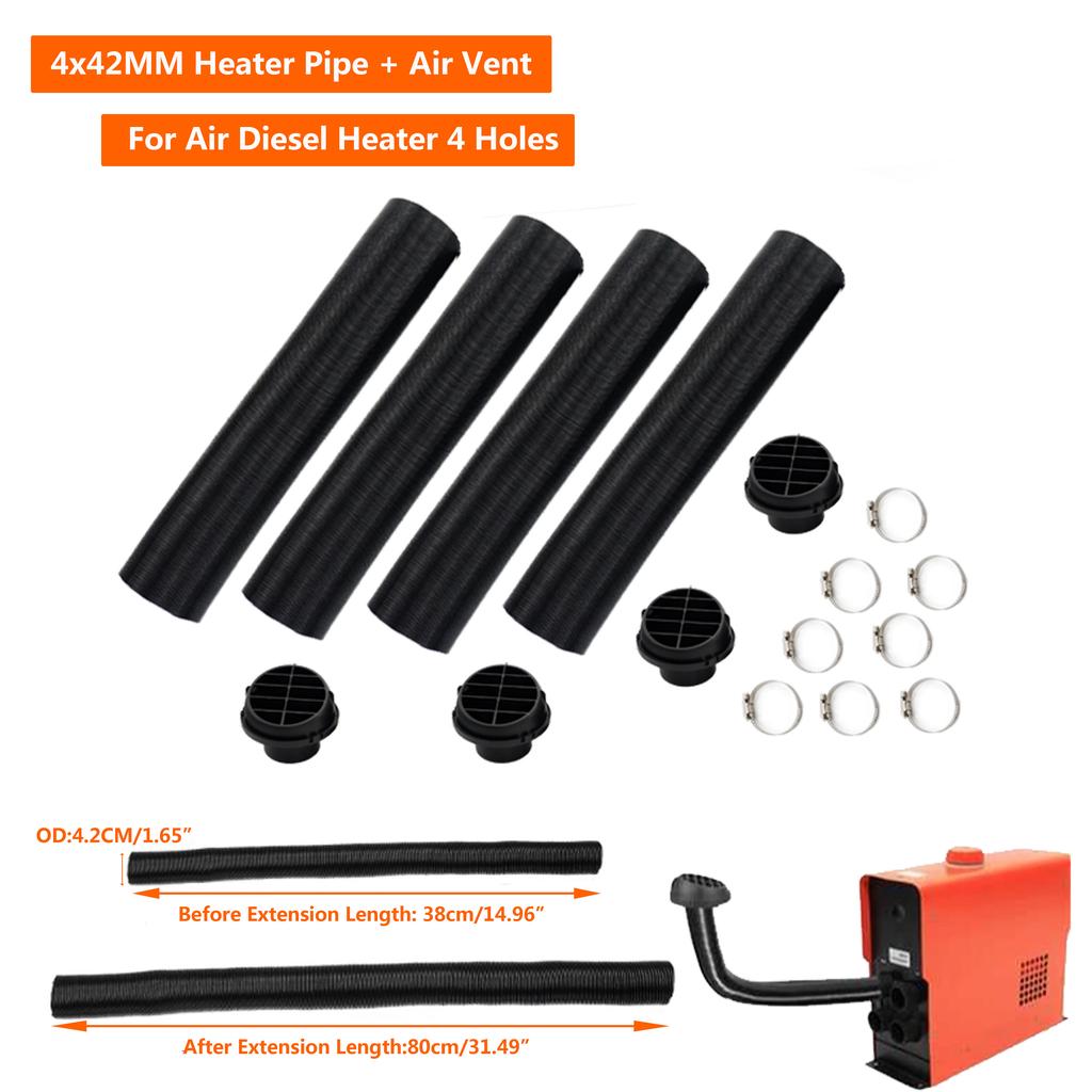 42mm Dieselheizung 4x Luftauslass & 4x Warmluftrohr Schwarz & 8x Klemmen Set Für Auto LKW VAN Wohnmobil