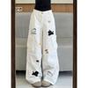 Dog Embroidery Pocket Cargo Pants Women Autumn High Waist Loose White Denim Pants Female Casual Straight Trousers