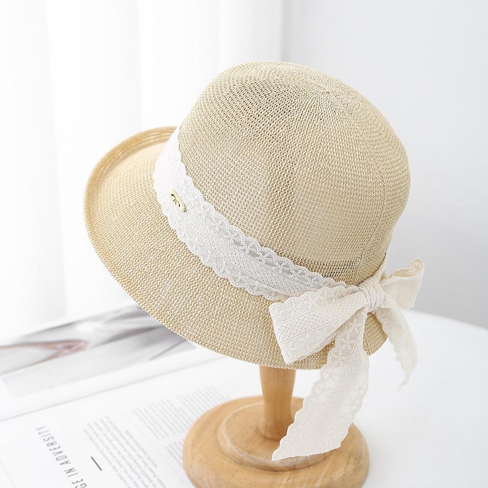 

Women s Romantic Lace Bow Fisherman Sun Hat Breathable Foldable Beach Hat for Seaside Holiday Summer Beach Protection Sunhat 56-58cm бежевый