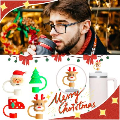 10mm3D Christmas Straw Cover Silicone Straw Cover 10mm 0.4in Dust-Proof Reusable Straw Tips Lids