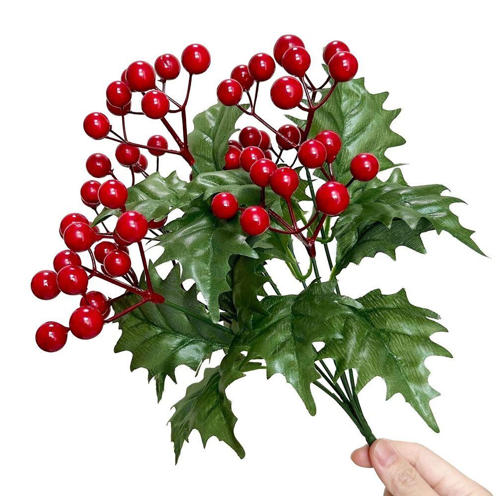 7Branches Artificial Christmas Berry Green Holly Leaves Red Berries Christmas Decorations Desktop Oranment Foam Artificial Plant