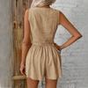 Linen  Summer Casual Fashion Button Vest and Shorts Suit V-neck Vest Suit
