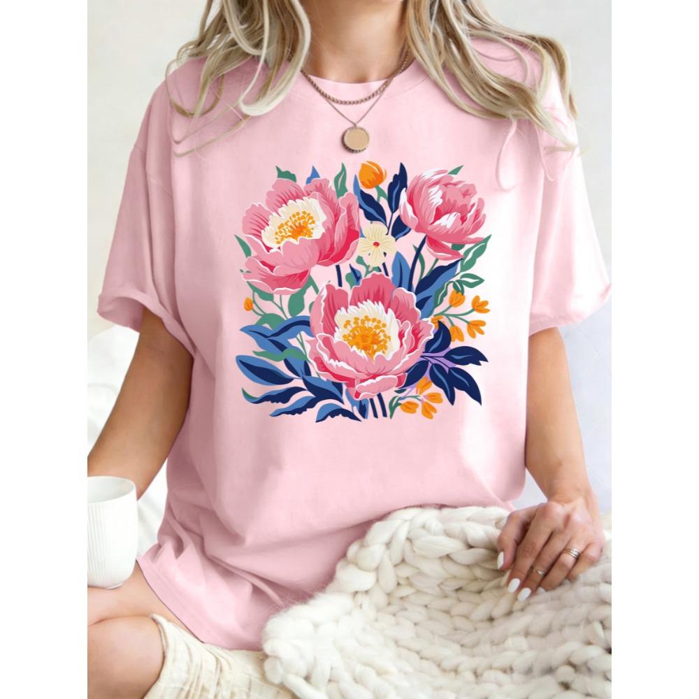 Estetická ilustrace Květiny pivoňky Potisk Dámská trička Hip Hop Vícebarevné tričko Bavlněné oblečení Letní Oversized top