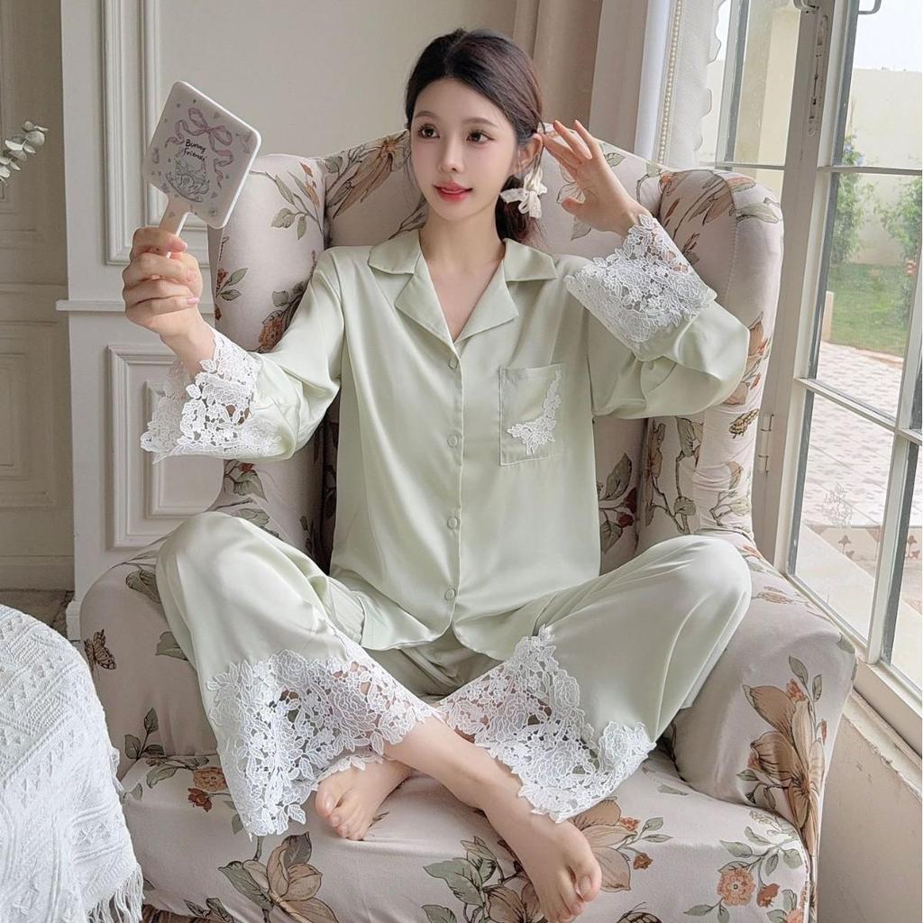 Women's Light Luxury Ice Silk Pajamas, Spring/Summer, Long Sleeve Satin with Lace.