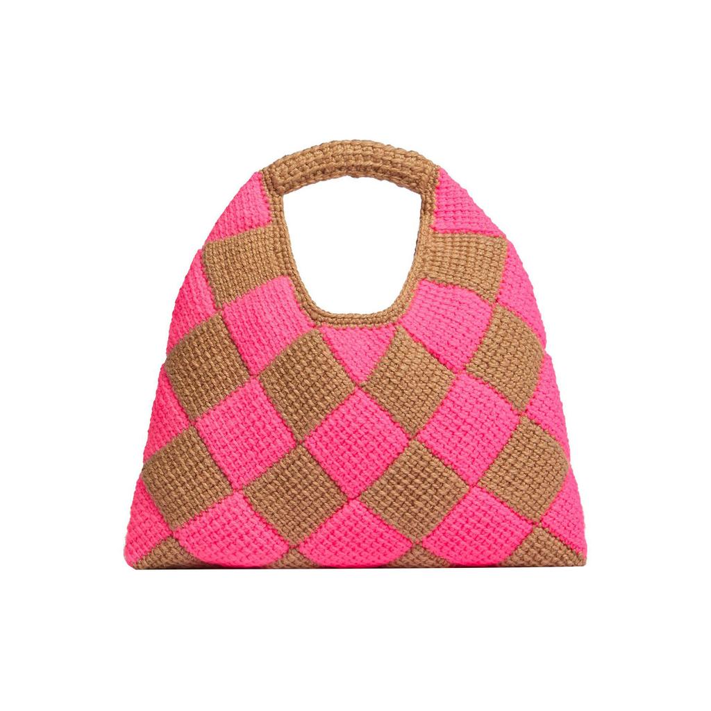 Marni Market Letter Patch Geometric Pattern Acrylic Knit Leather Tote Bag Medium Women handbags Brown Pink SHMH0049A0FW305CHC57