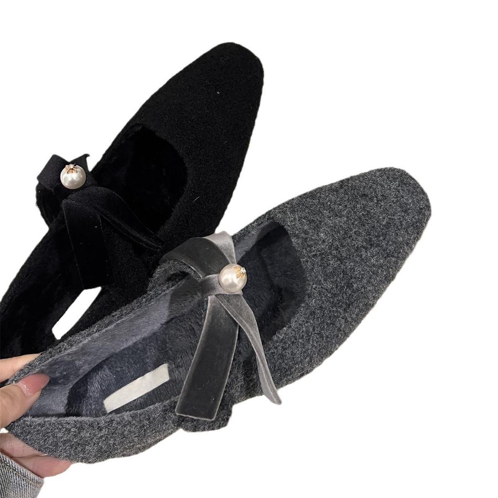 French Thick Heel Gray Single Shoes with Skirt Evening Shoes Women's Shoes 2025 Autumn and Winter Plush Mary Jane Fluffy Shoes