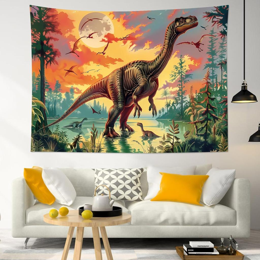 Dinosaur Tapestry Jungle Sunset Wall Hanging Polyester Mesozoic Era Jurassic Tropical Swamp Adventure Room Decor Art Print