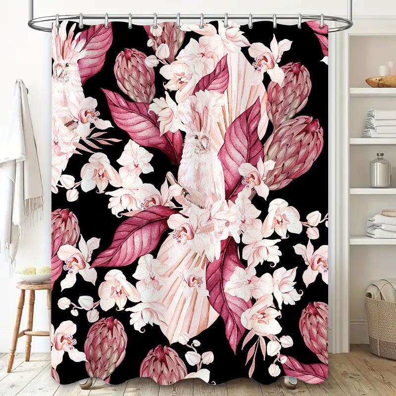 Badezimmer Duschvorhang Blumenmuster mit Vögeln, Rosa Weiß Blüher, Schwarzer Hintergrund Dekorativer Wasserdichter Duschvorhang für