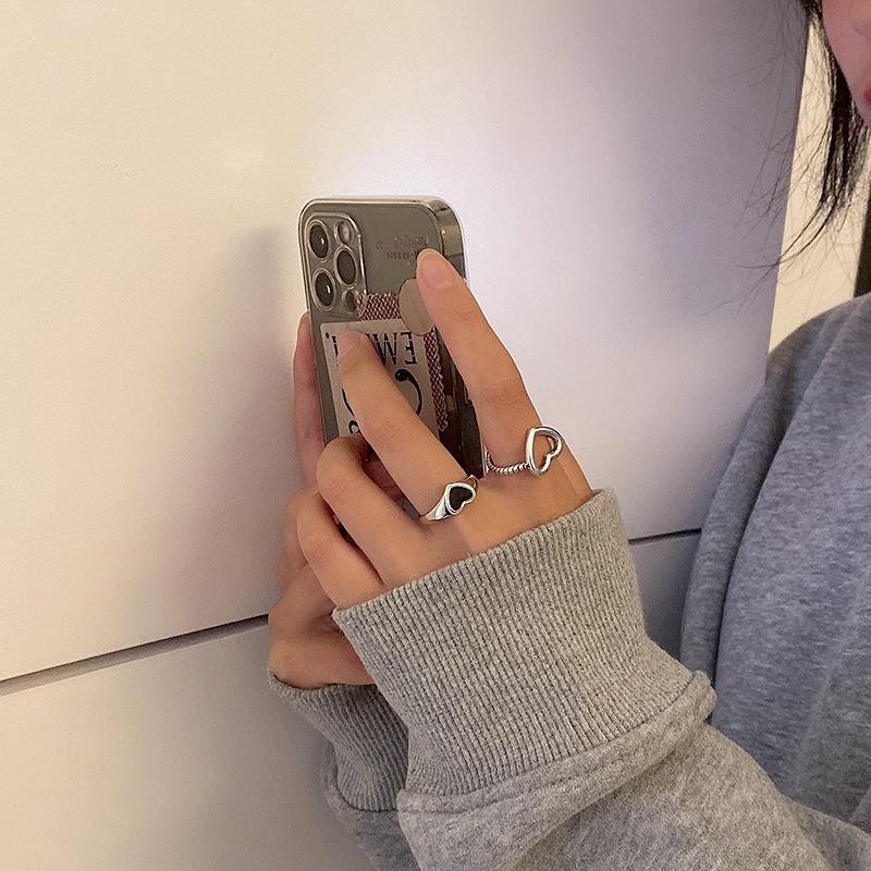 Retro Hiphop Black Heart Ring Jewelry Set Men Women Anillos Aesthetic Anel Accessories Gift