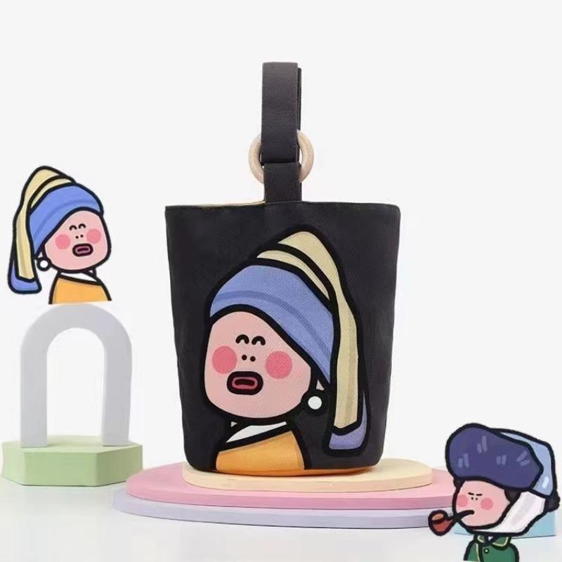 Original Illustration Portable Bucket Bag Handbag Hand Carry Out Snacks Canvas Bag Cute Out Small Bag