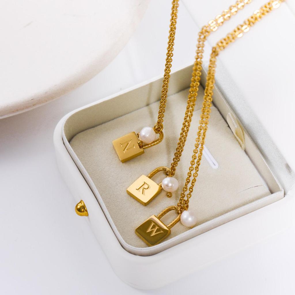 18K Gold Plated Pearl & Stainless Steel Zodiac Lock Pendant Necklace