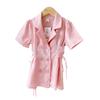 Kids White Short Sleeve Blazer Dress, Lapel V Neck Double Breasted Side Lace-Up Waist Slim Mini Suit Dress for Girls