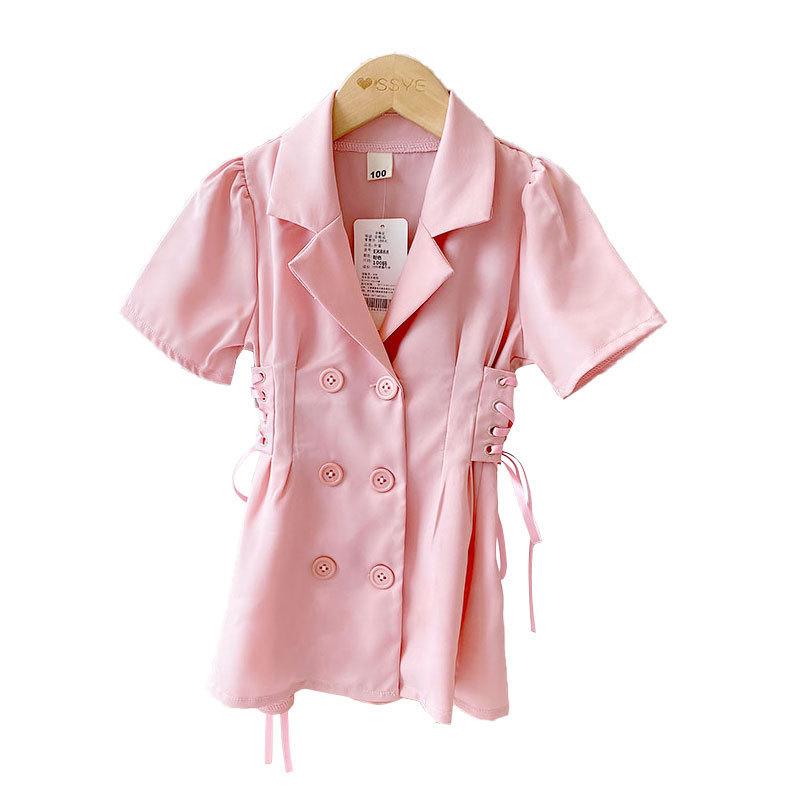 Kids White Short Sleeve Blazer Dress, Lapel V Neck Double Breasted Side Lace-Up Waist Slim Mini Suit Dress for Girls