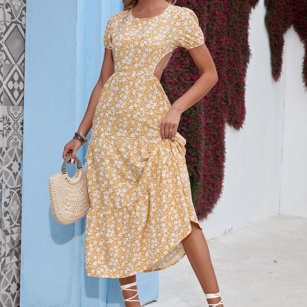 Damska letnia kwiecista seksowna szyfonowa bez pleców sukienka plażowa z dużą huśtawką S-XL