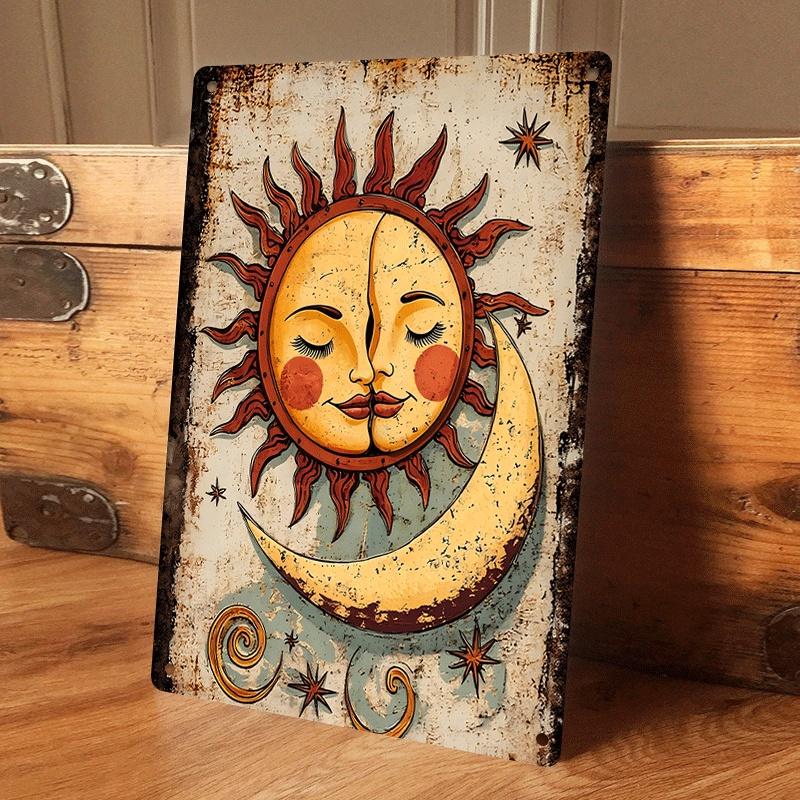 1 piece of retro sun and moon tin plaque wall hanging, living room wall decoration, European retro style home decor, creative ar (as the picture,20x30cm)