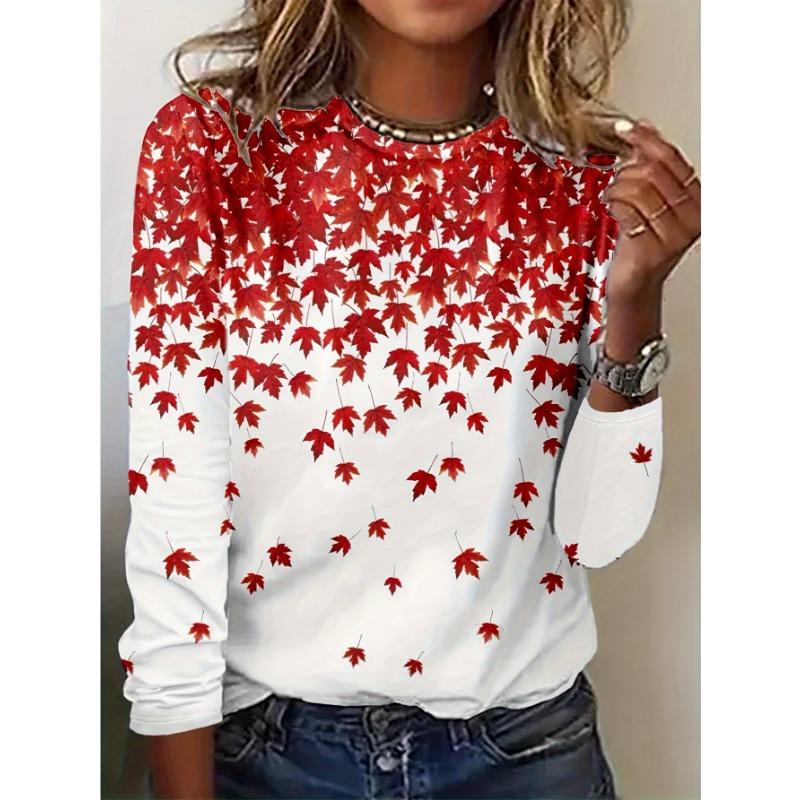 Vibrant Maple Leaf Print Women's Casual Long Sleeve T-shirt with Round Neck, Suitable for Spring and Autumn, Fashionable Top for Spring