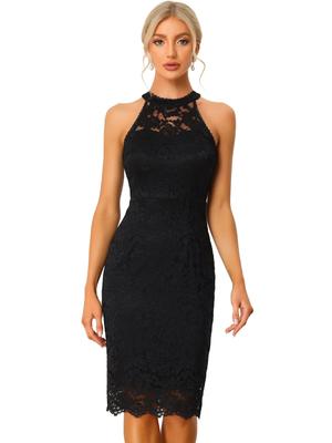 Allegra K Spitzen-Bodycon-Kleid, Neckholder, Ärmellos, Cocktail, Etuikleid, Elegant, Damen, Schwarz, Größe M