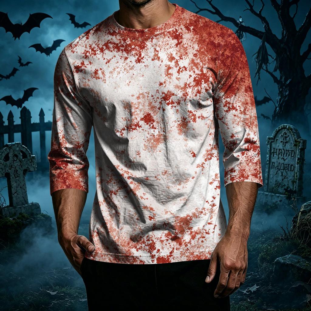 Men's Casual Halloween Print Crew Neck T Shirt Three Quarter Sleeve Relaxed Fit Top with Shoulder Seam Design for Everyday Wear