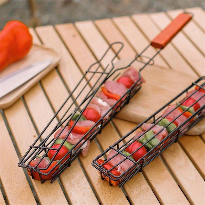2pcs Nonstick BBQ Grilling Baskets with Wooden Handles - Portable Metal Charcoal Grill Tools for Vegetables & Meat, Ideal for Outdoor Camping