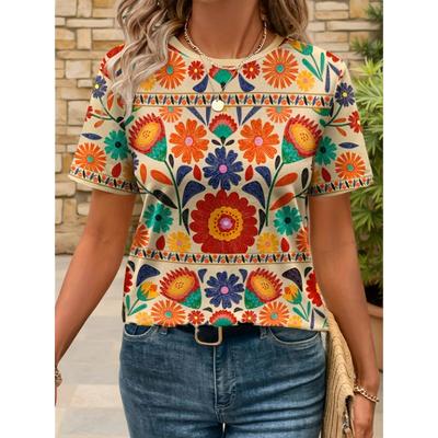 T-shirt d'été pour femmes Imprimé floral 3D Mode rétro Décontracté Style ethnique bohème T-shirt oversize Été Manches courtes pour femmes