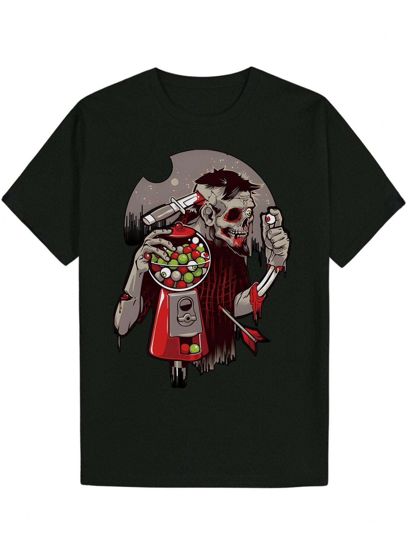 

Crew Neck T-shirt - Halloween-Themed Polyester Tee with Spooky Cartoon Character Design M