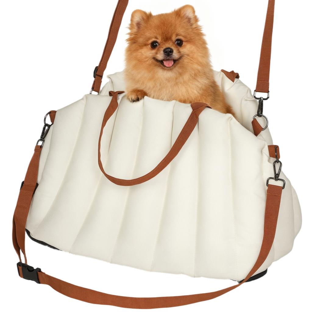 Small Dog Car Seat with Leash and Non-Slip Base, Convertible to Pet Bag, Cream