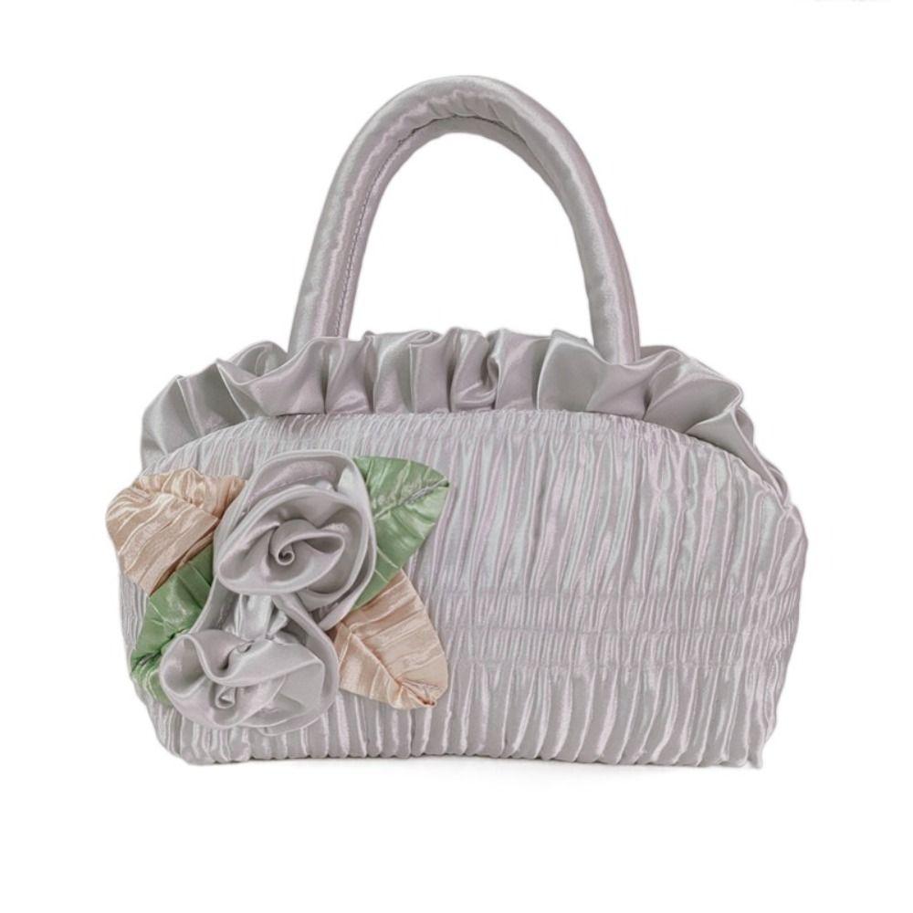 Leaf Hanfu Rose Flower Handbag Satin Silk Bubble Zipper Flower Tote Bag Cosmetic Makeup Bag Mommy Bag Ethnic Style Wrist Bag