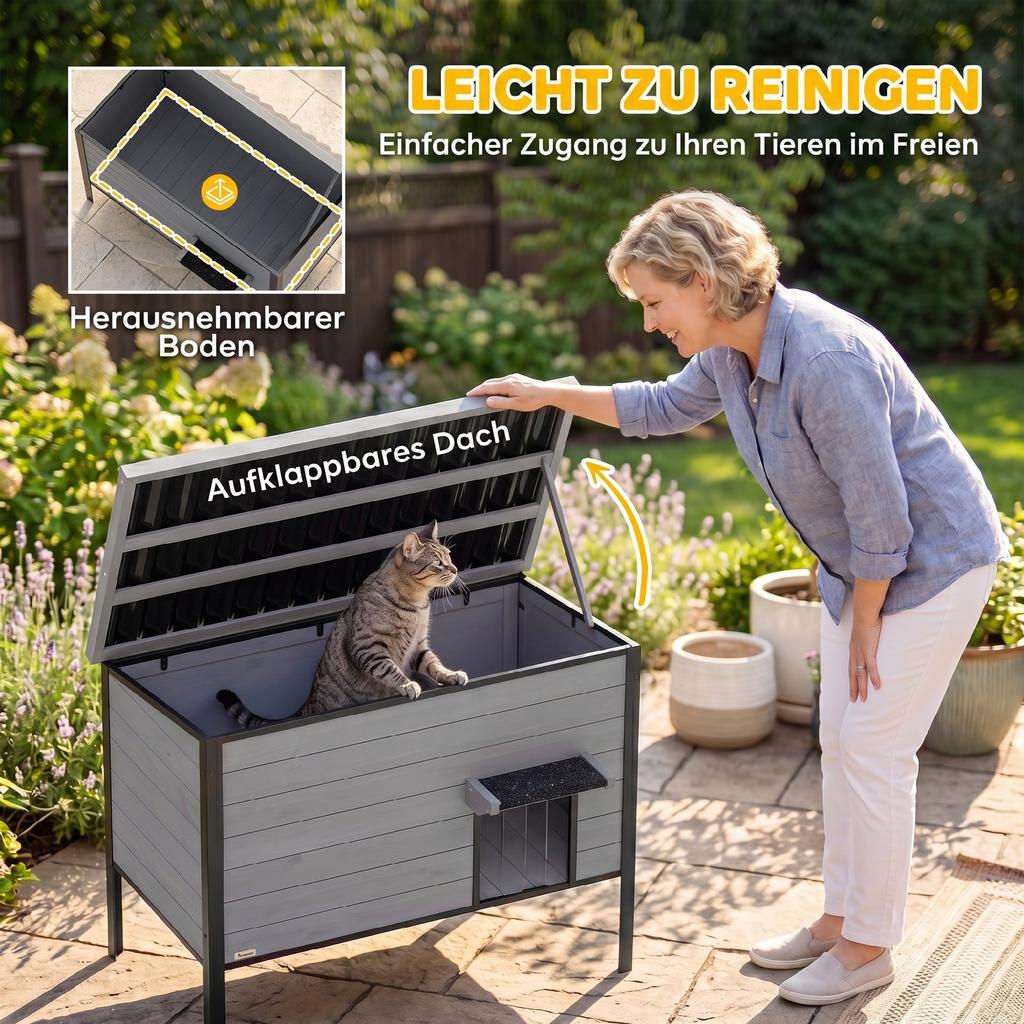 Weatherproof Cat House with Hinged Roof, Removable Floor, Entrance, for 1-2 Cats Up To 12 Kg, 85x55x70 Cm, Light Grey