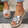 Fashion Gold Silver Wedge Heel Slippers for Women Summer 2025 Comfort Non Slip Beach Shoes Woman Fashion Weaving Platform Slides Sandals