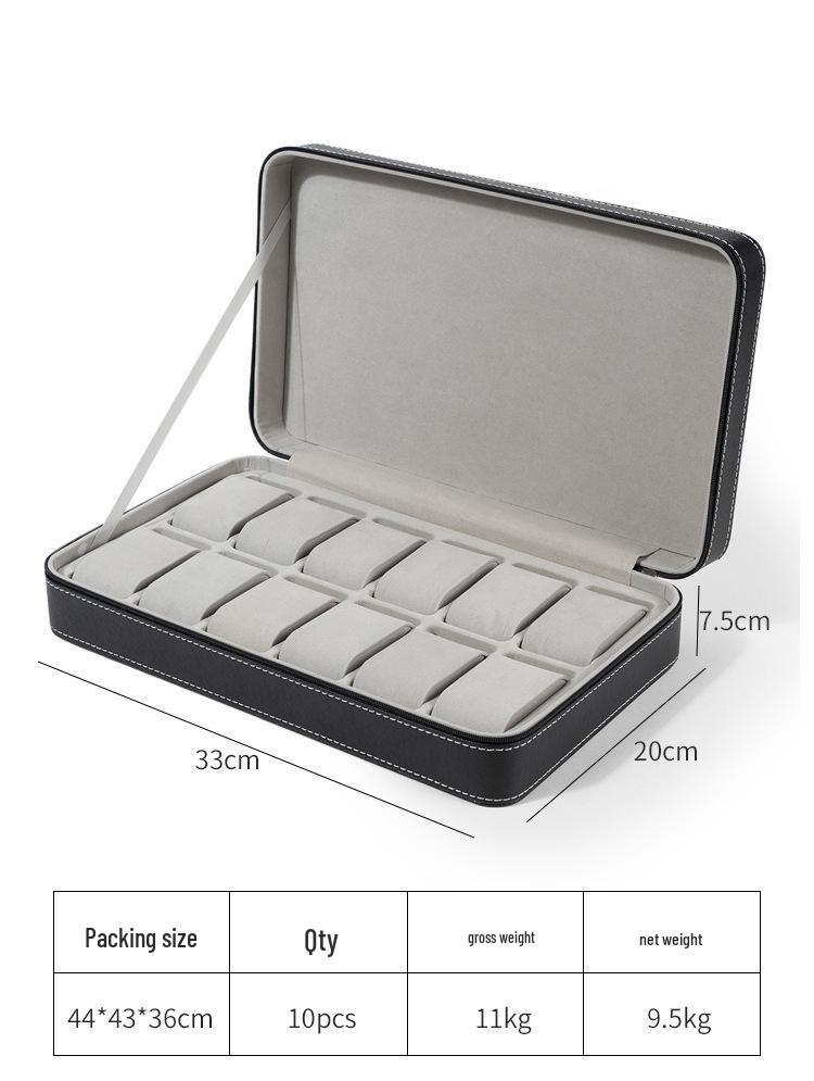 Portable Black and Blue-Gray Leather Zipper Watch Box with 6, 10, or 12 Slots - Flip-Top Jewelry Storage
