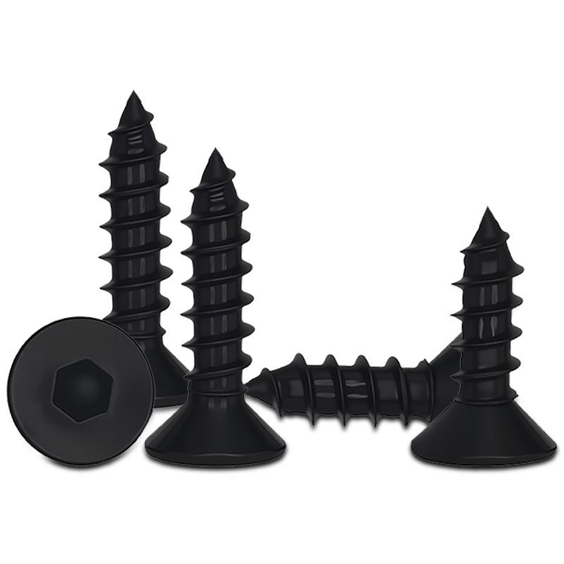 Černě pozinkované šestihranné samořezné šrouby do dřeva z uhlíkové oceli třídy 8.8, zapuštěná hlava, M2-M6