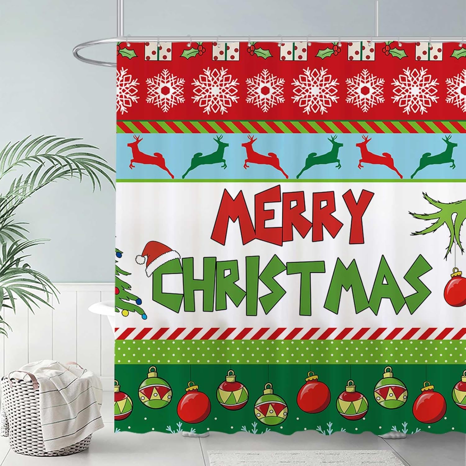 

Рождественский набор штор для душа - Дизайн с праздничным колокольчиком/рождественской елкой/снежинкой, Водонепроницаемая ткань, Зимнее украшение для ванной W90XH180cm