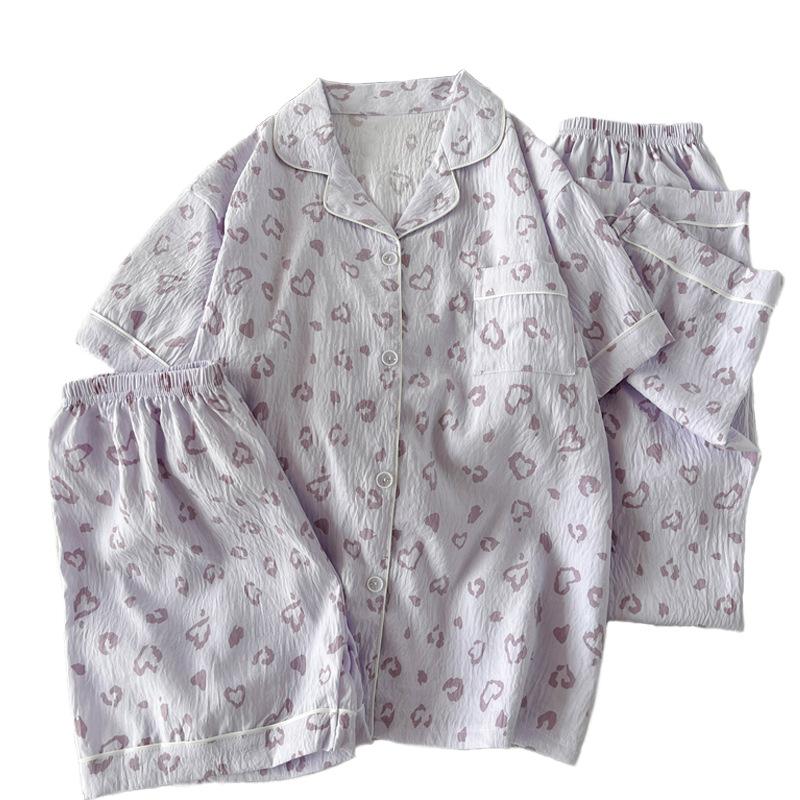 Fashion Style Leopard Print Love Cloud Cotton Pajamas Women'S Summer Short-Sleeved Loungewear Three-Piece Set