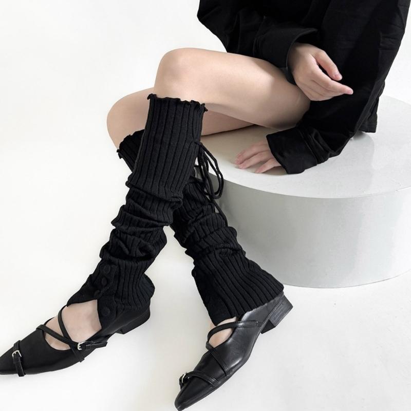 Ribbed Knit Thigh High Footless Long Socks with Button Detail Split Designs Over Knee Leg Warmers for Dance Enthusiasts