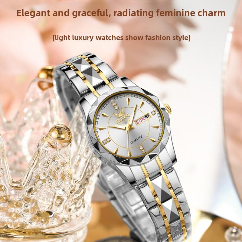 Rhombus Cut Couple Watch, A Pair of Steel Straps, Double Calendar Men's Watch, Luminous Waterproof Women's Watch, High-end