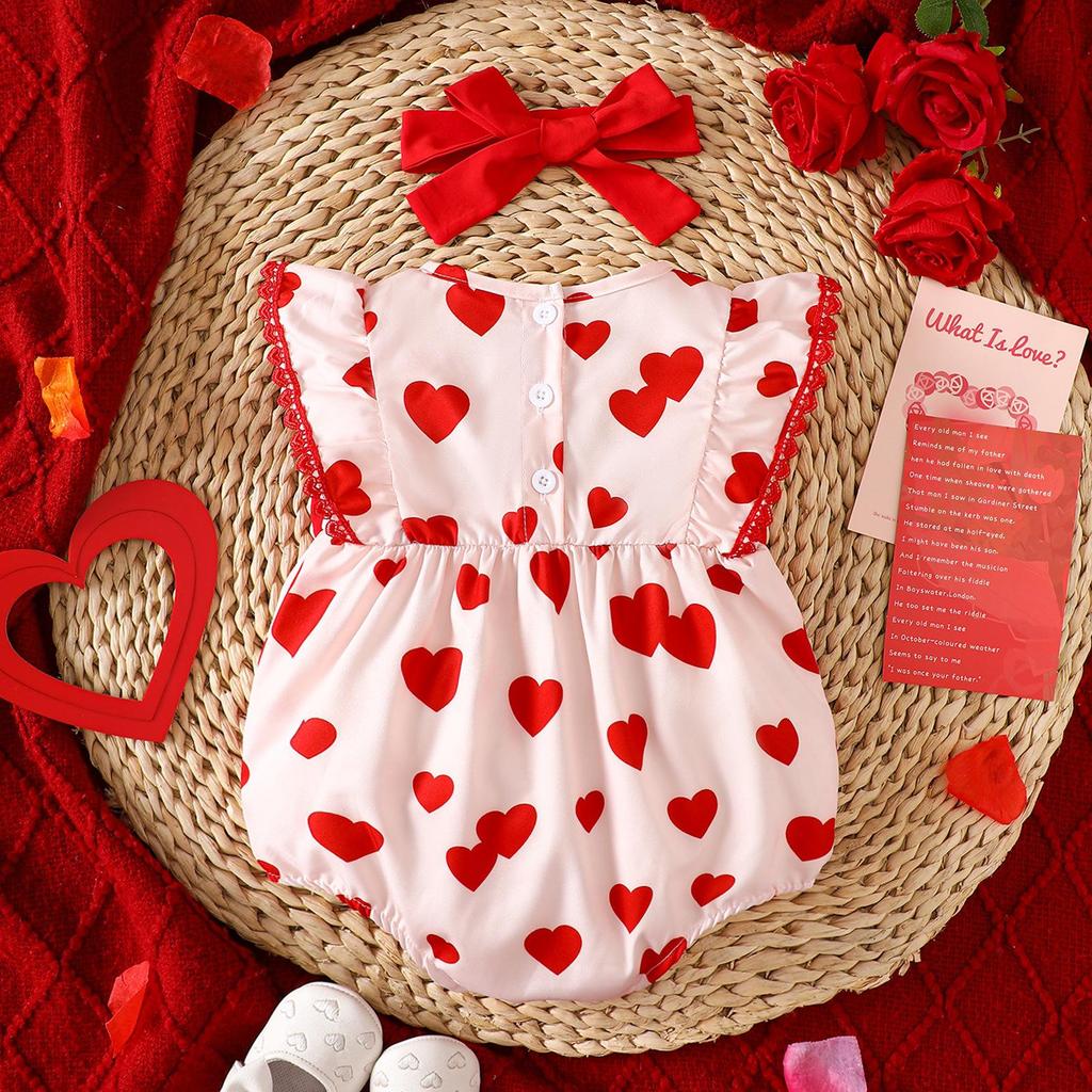 Uroczy body dla dziewczynki z nadrukiem serduszek i zestaw opasek na głowę