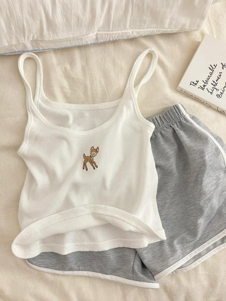 Set Pijama Camisolă Matlasată pentru Femei - Pantaloni Scurți & Vestă,Țesătură Subțire, Amestec de Bumbac Îmbrăcăminte de Casă