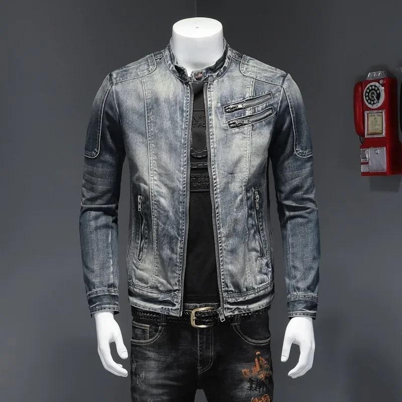Military Denim Jacket Men Spring Autumn Motorcycle Slim Fit Cowboy Jackets Mens Vintage Wash Oblique Zipper Jean Coats Size 4XL